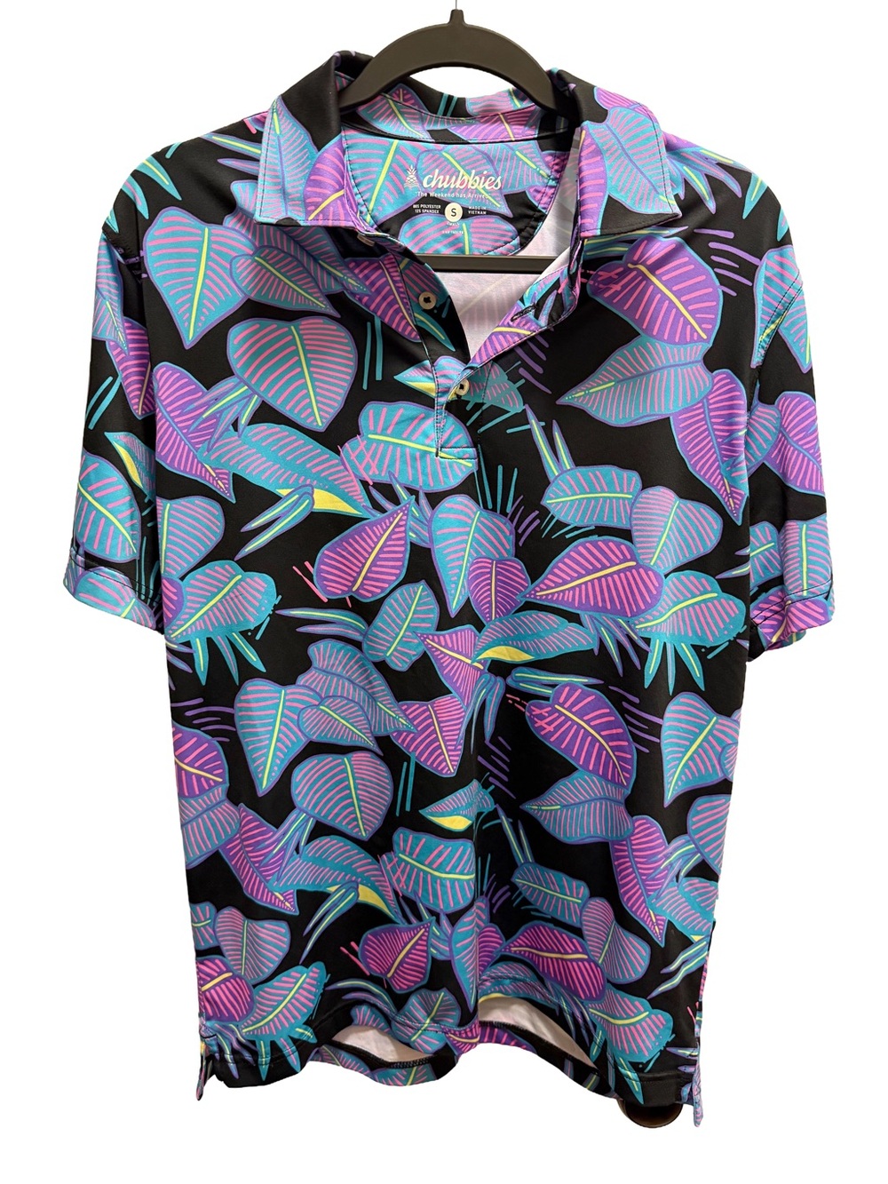 Chubbies Tropical Leaf Polo Shirt Small Black Pink Teal Like New